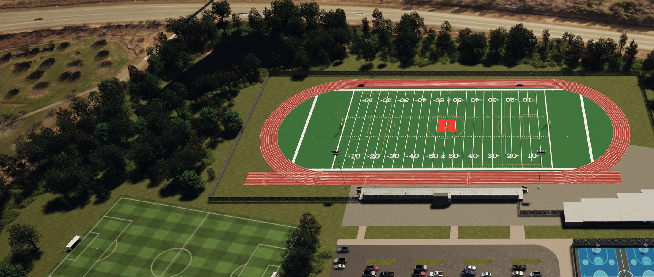 Aerial rendering of the Riverview turf field and running track