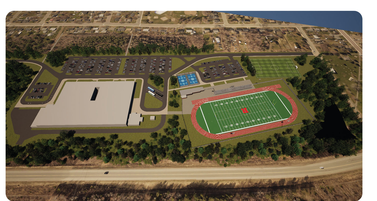 Aerial rendering of the proposed Riverview turf field, track and courts complex
